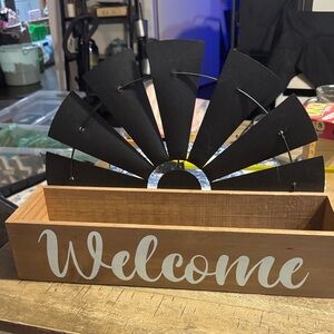 Black Metal Welcome Sign with Wooden Base